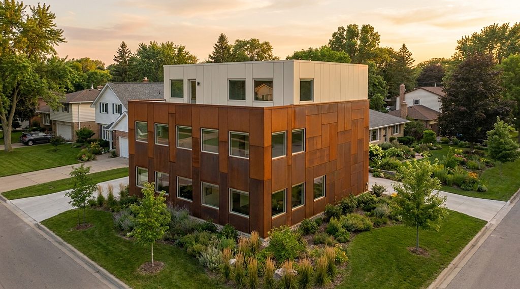 A weathered-steel house with a light upper storey
