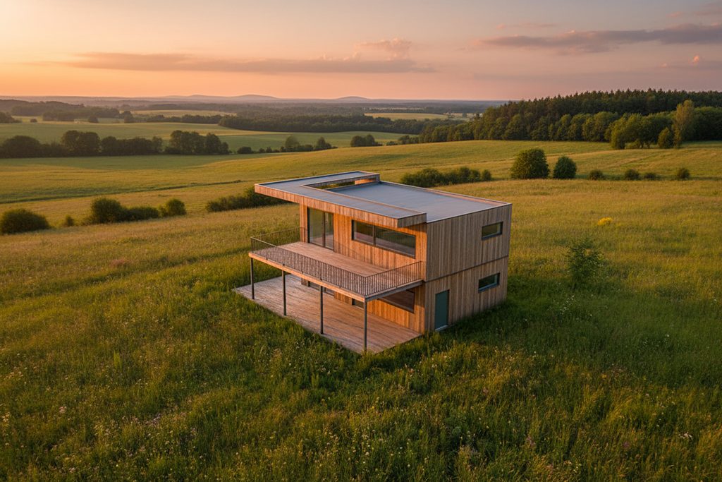 A timber house with a deep terrace alone in a meadow