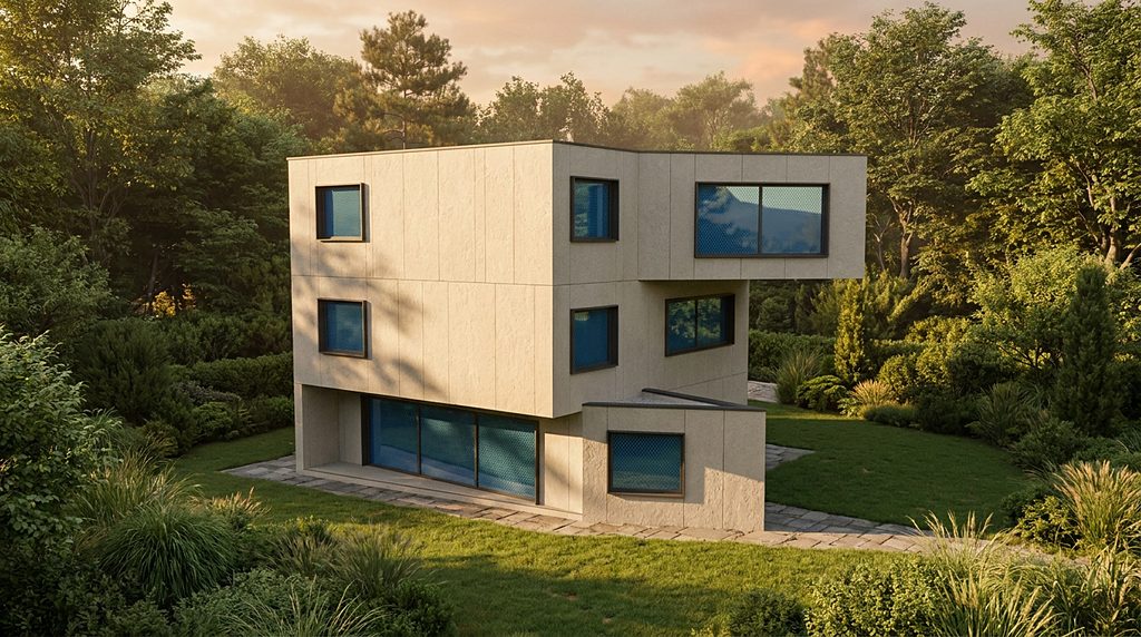 A pale cubic house with deep-set windows among trees