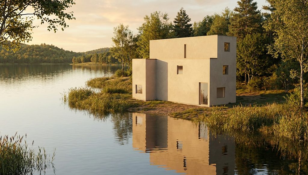 A pale stone house at the edge of a still lake at dusk